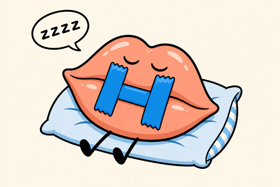 Mascotte Mouth Tape FR endormie avec une bande en H