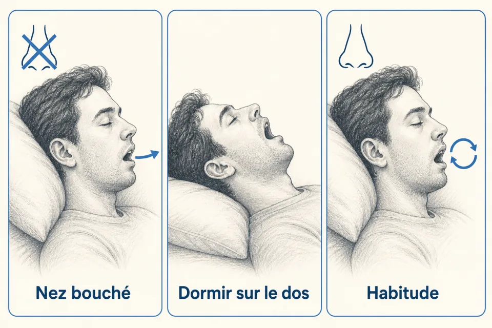 Trois causes fréquentes de respiration buccale la nuit : nez bouché, dormir sur le dos, habitude