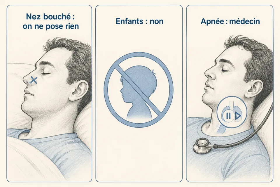 Contre-indications : nez bouché, enfants, suspicion d’apnée — consulter un médecin