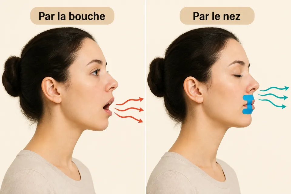 Schéma : respiration par la bouche versus bande en H et respiration nasale