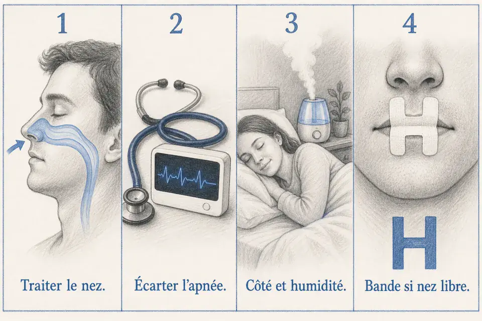 Ordre à suivre : traiter le nez, écarter l'apnée, côté et humidité, bande seulement si le nez est libre