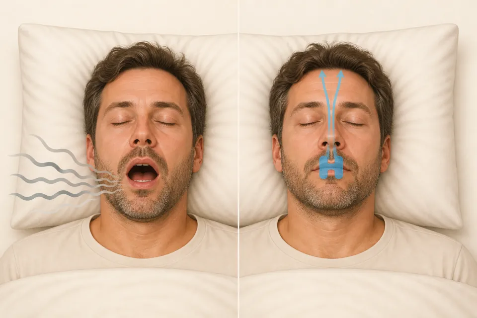 Ronflement buccal bouche ouverte, versus respiration nasale avec bande en H