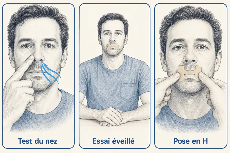 Test du nez, essai éveillé, puis pose de la bande en H sur les lèvres