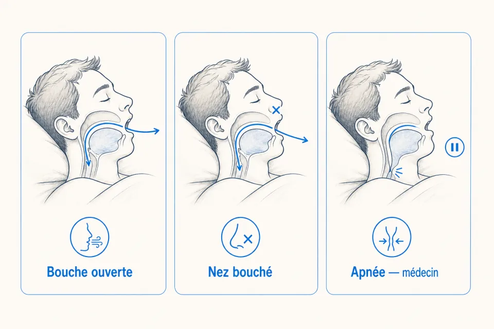Trois origines du ronflement : bouche ouverte, nez bouché, apnée (consulter un médecin)