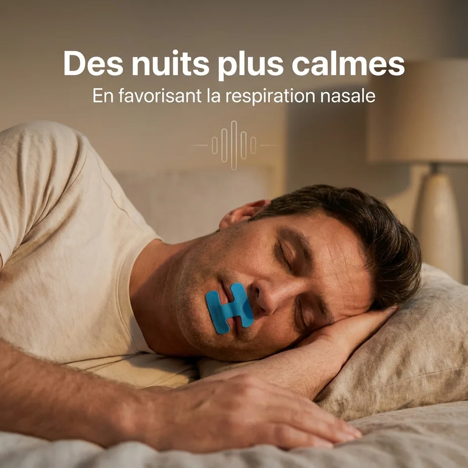 Homme endormi sur le côté, bande buccale bleue en H sur les lèvres, nez libre, chambre tamisée