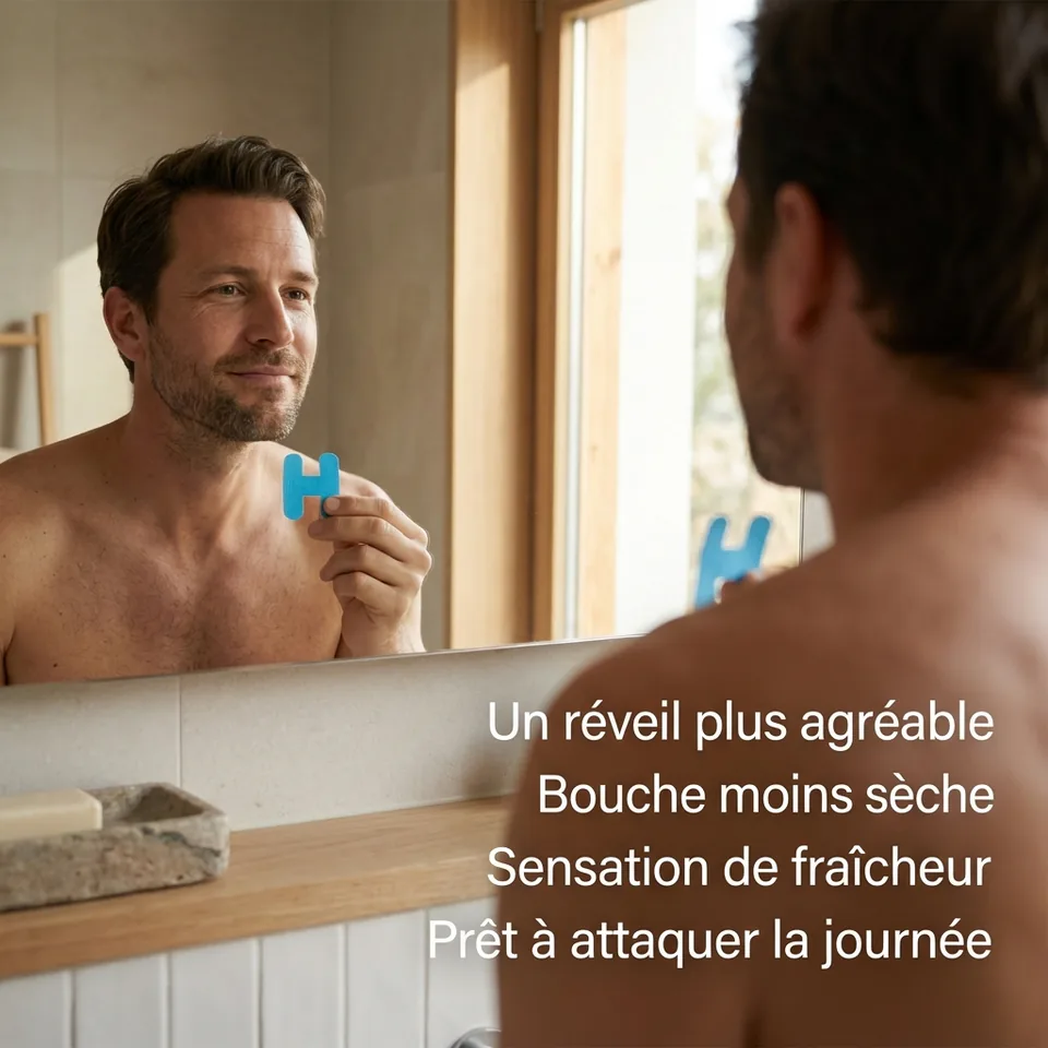 Homme devant le miroir d'une salle de bain, tenant une bande buccale bleue en H près des lèvres