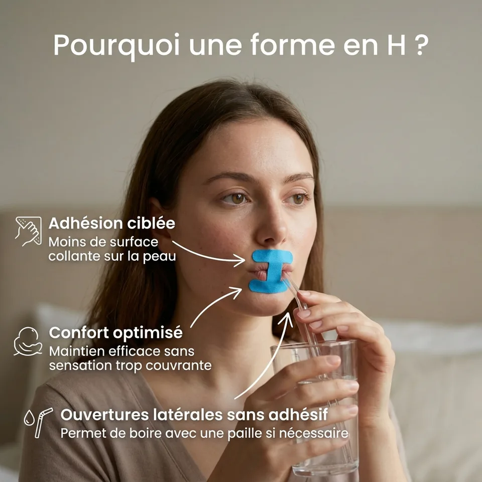 Femme portant une bande buccale bleue en H, paille passée par une ouverture latérale